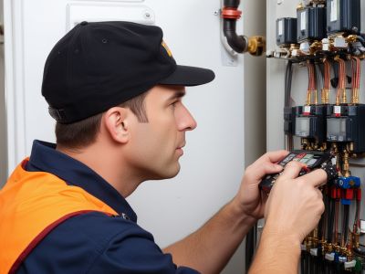 Professional HVAC technician checking boiler controls